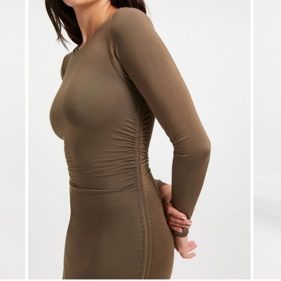 Good American Slinky Ruched Long Sleeve Midi dress Olive Green M Medium - Picture 4 of 10